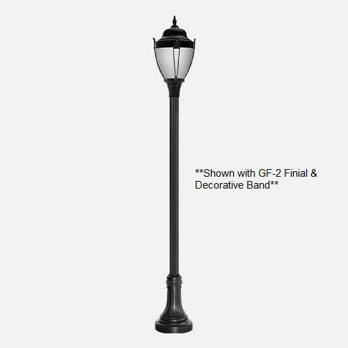 A decorative black lamp post with a acorn top.