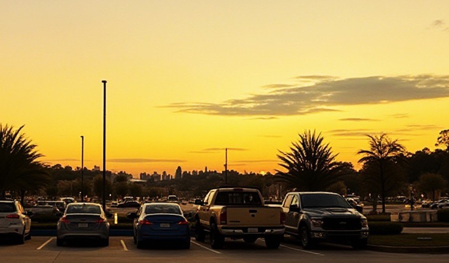 Commercial parking lot lighting at dusk with light poles and Houston skyline
