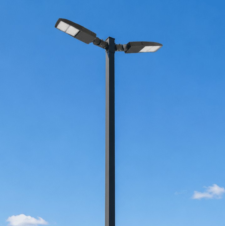 Twin head LED parking lot light fixtures on a steel pole