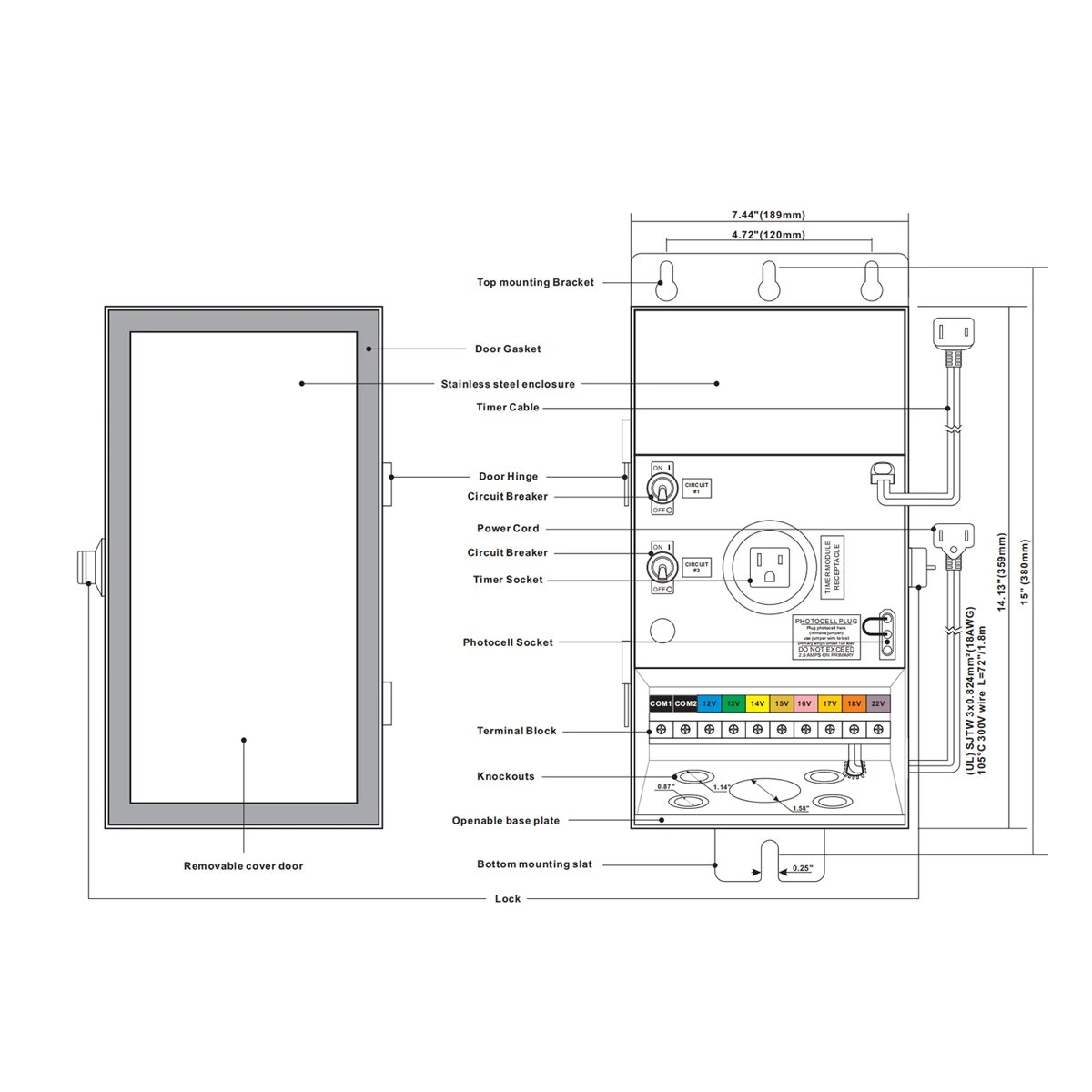 CLS TF600 MAX-Series Multi-Tap Toroidal Core Landscape Transformer (600W) - Dual COM Port dimension drawing
