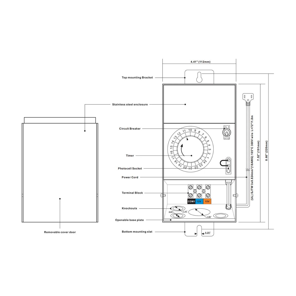 CLS TF75 Pro-Series Multi-Tap Toroidal Core Landscape Transformer (75W) dimension drawing