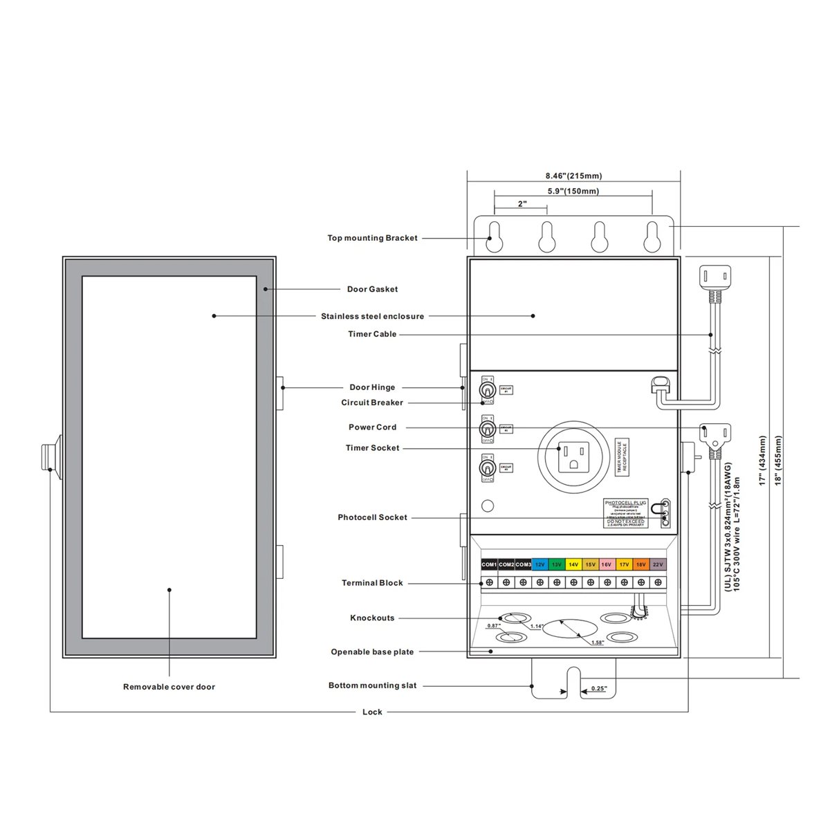 CLS TF900 Ultra-Series Multi-Tap Toroidal Core Landscape Transformer (900W) - Triple COM Port dimension drawing